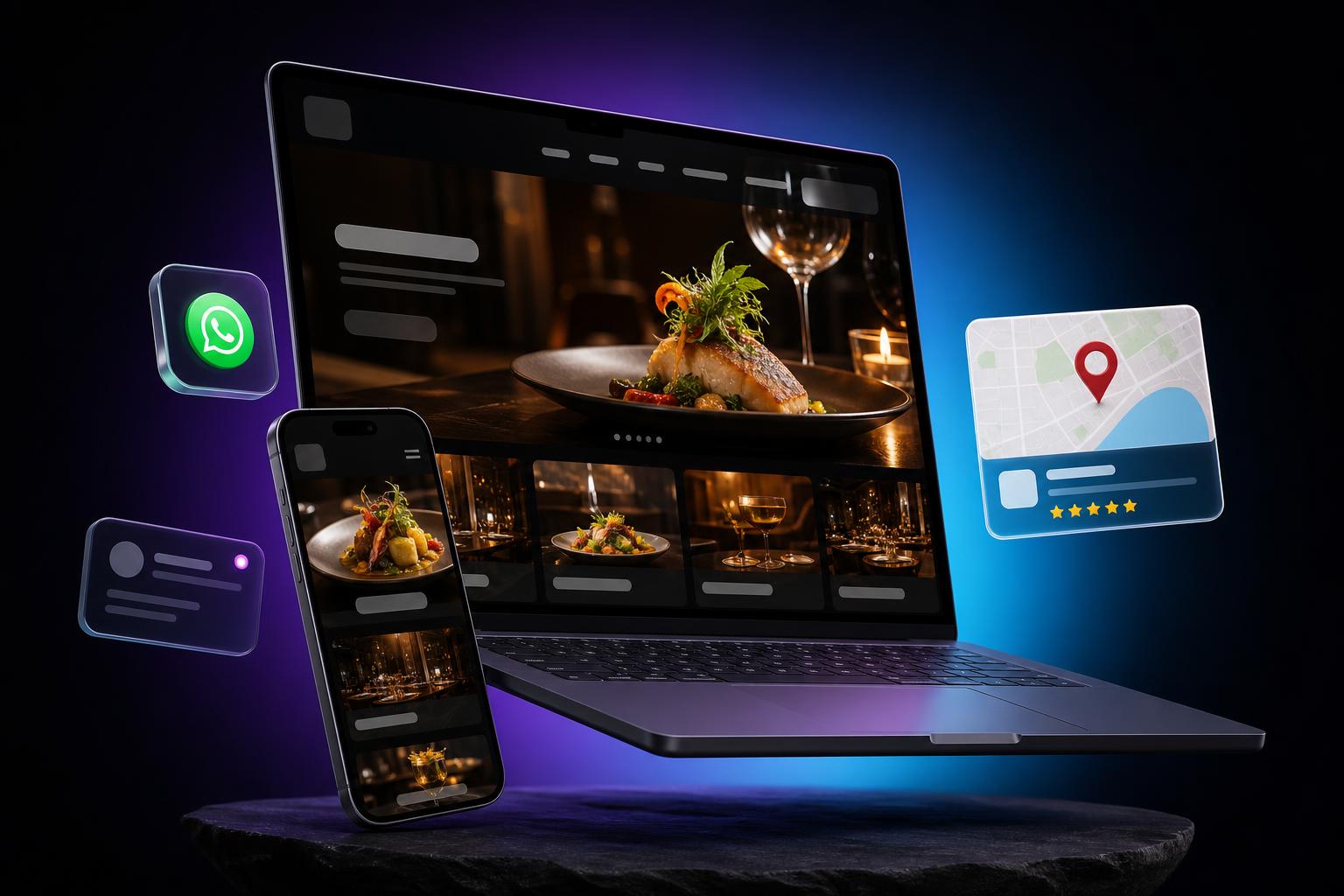 Web de restaurante diseñada por Abstractio: portátil y móvil con la ficha de Google Maps y reseñas reales